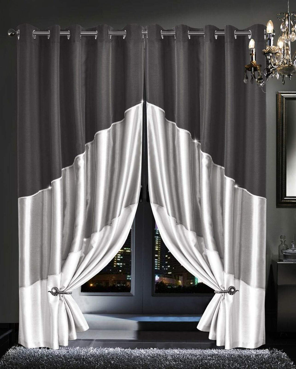 Haveli Luxury Faux Silk Room Darkening Curtains with Glitz Detailing, Ring Top Eyelet Design for Bedroom and Living Room Multiple Sizes and Colors Available by OLIVIA ROCCO 66” x 54” / SILVER Curtain