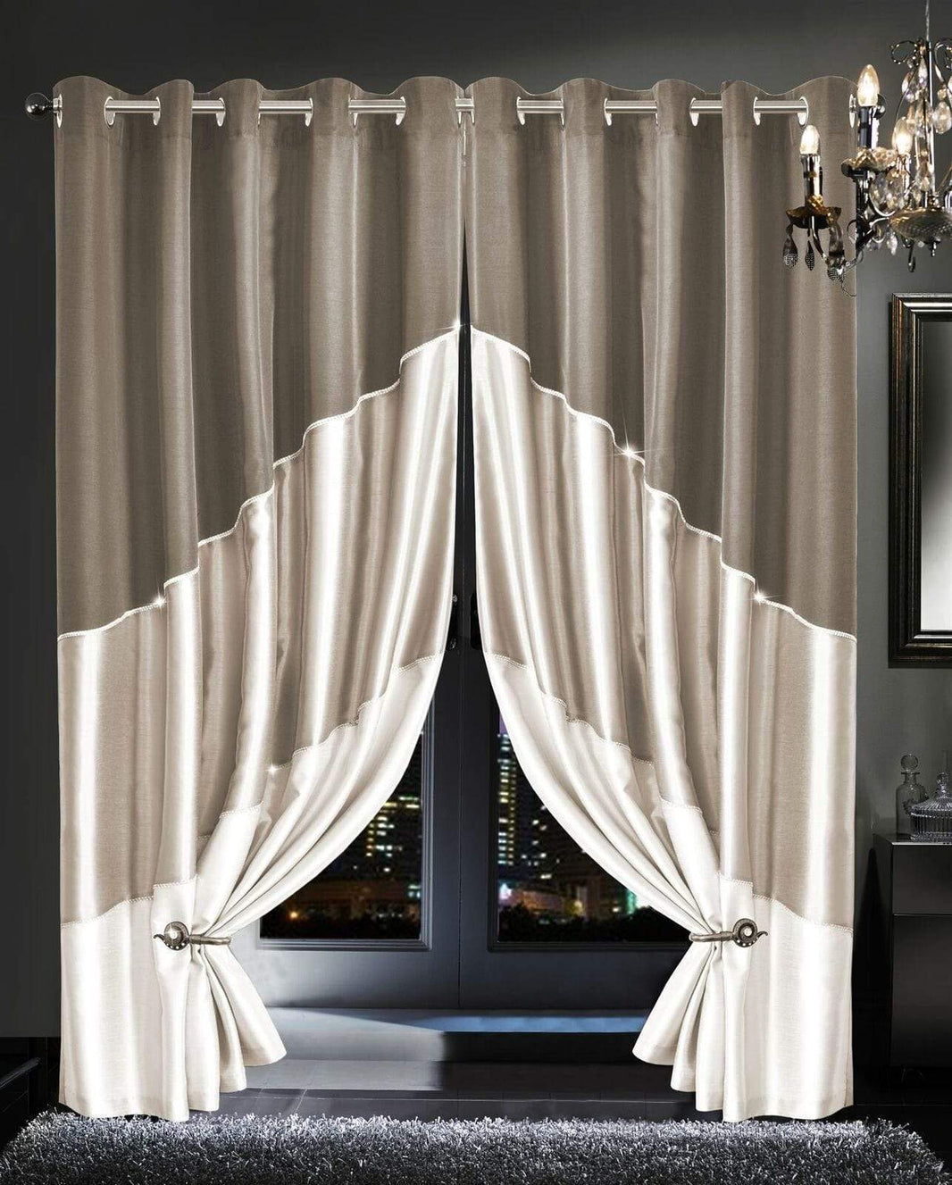 Haveli Luxury Faux Silk Room Darkening Curtains with Glitz Detailing, Ring Top Eyelet Design for Bedroom and Living Room Multiple Sizes and Colors Available by OLIVIA ROCCO 66” x 54” / CHAMPAGNE Curtain