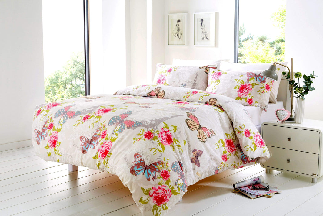 Ashley Butterfly Paris Cotton-Rich Duvet Set Double King Sizes OEKO-TEX Certified Bedding by OLIVIA ROCCO DOUBLE / NATURAL Duvet Cover
