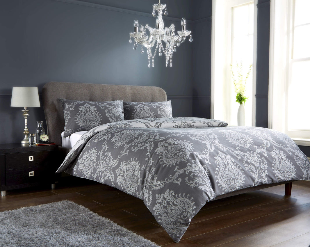 Royal Damask Luxury Super Soft Cotton Rich Duvet Set Easycare Comfortable Bedding Includes Duvet Cover & Pillowcases in Single Double King Sizes by OLIVIA ROCCO GREY / SINGLE Duvet Cover