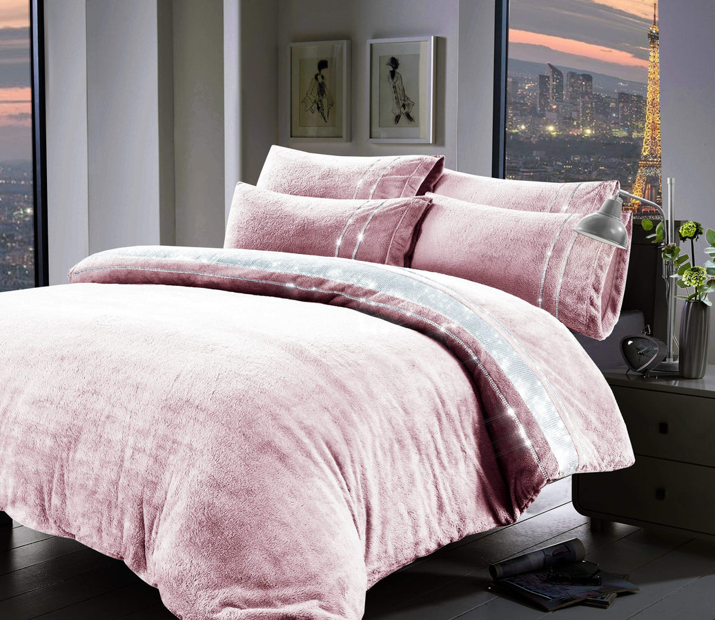 Paris Glitz Teddy Fleece Duvet Set Luxurious Handwoven Diamante Detailing Super Soft Faux Fur OEKO-TEX Certified Multiple Sizes Available by OLIVIA ROCCO Duvet Cover