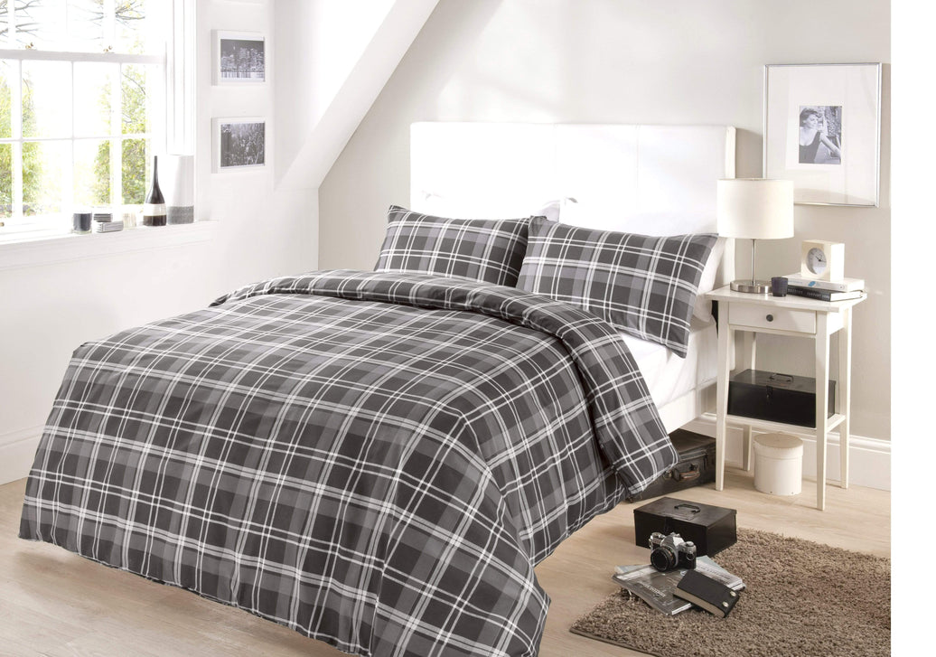 Check Luxurious Cotton-Rich Duvet Set with Pillowcases Soft Durable Bedding in All Sizes Stylish Bedroom Decor OEKO-TEX Certified by OLIVIA ROCCO SINGLE / GREY Duvet Cover