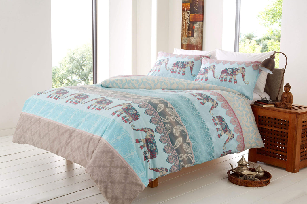 Elly Duvet Set Luxury Cotton Rich Indian Elephant Design Bedding in Bold Colours Available in Single Double King Super King by OLIVIA ROCCO SINGLE / DUCKEGG Duvet Cover