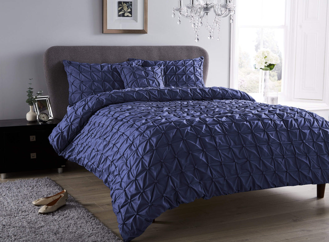 Seville Luxury Cotton-Rich Duvet Set with Handmade Pintuck Detailing Super Soft Bedding for All Sizes by OLIVIA ROCCO SINGLE / NAVY Duvet Cover