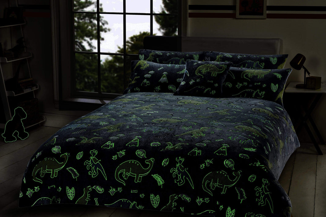Dinosaur Glow In The Dark Teddy Fleece Bedding Set with Bed Throw and Cushion Prehistoric Design for Kids Available in Single and Double Sizes by OLIVIA ROCCO Duvet Cover