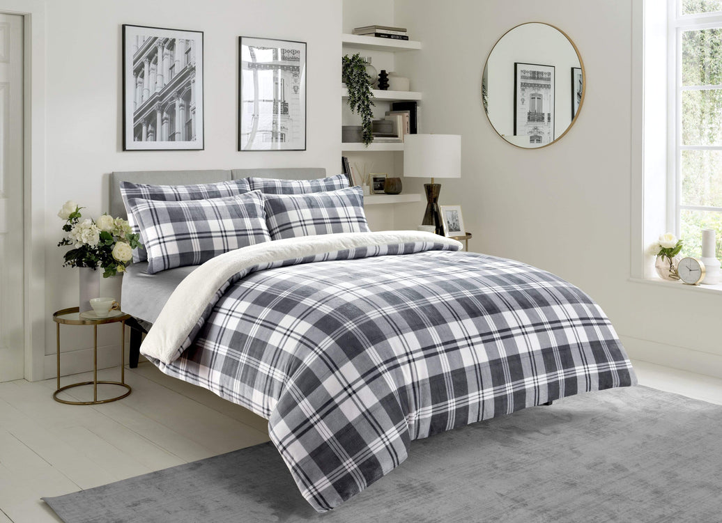 Checked Grey Teddy Fleece Reversible Duvet Set Luxurious Plush Faux Fur Bedding for Winter Available in Single Double King Sizes by OLIVIA ROCCO SINGLE Duvet Cover