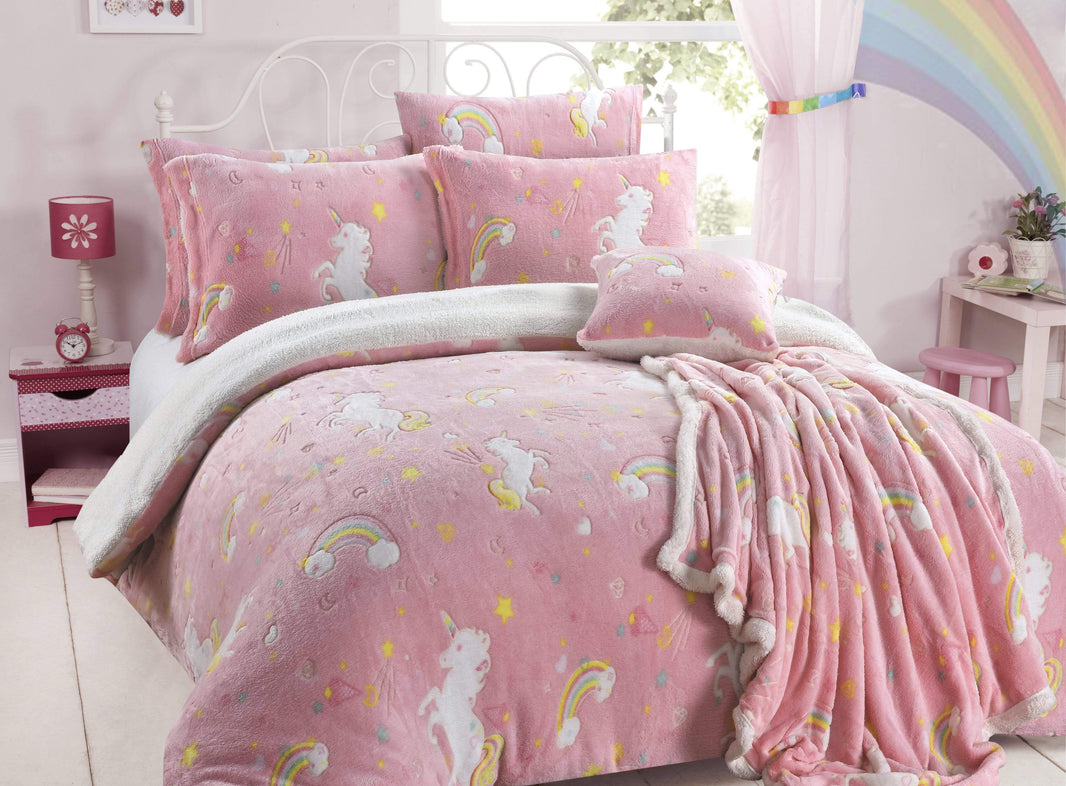 Magical Glow In The Dark Rainbow Unicorn Teddy Fleece Duvet Set for Kids Super Soft Cosy Bedding Perfect for Children's Bedrooms by OLIVIA ROCCO SINGLE Duvet Cover