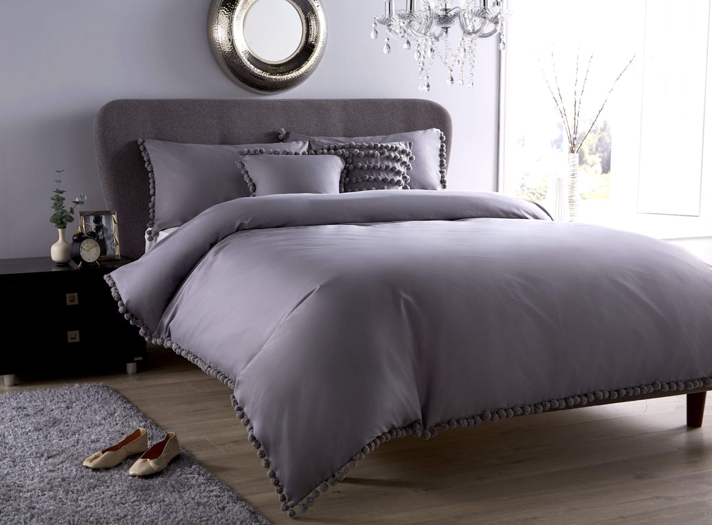 Hand Stitched Pom Pom Cotton Rich Duvet Set Durable Elegant Bedding in Multiple Sizes and Colours Perfect for Master Suites and Guest Rooms by OLIVIA ROCCO SINGLE / GREY Duvet Cover