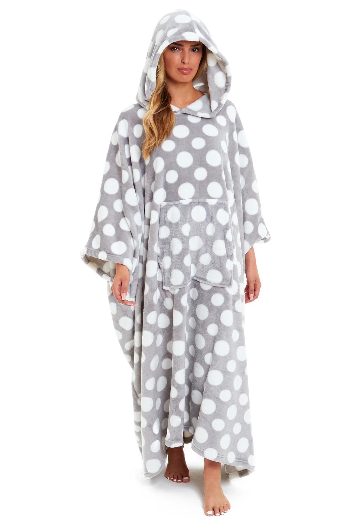 Oversized Hooded Fleece Poncho Blanket with Stars and Polka Dots Plush Wearable Blanket with Front Pocket for Adults Indoor Outdoor by Daisy Dreamer GREY POLKA DOT Hooded Blanket