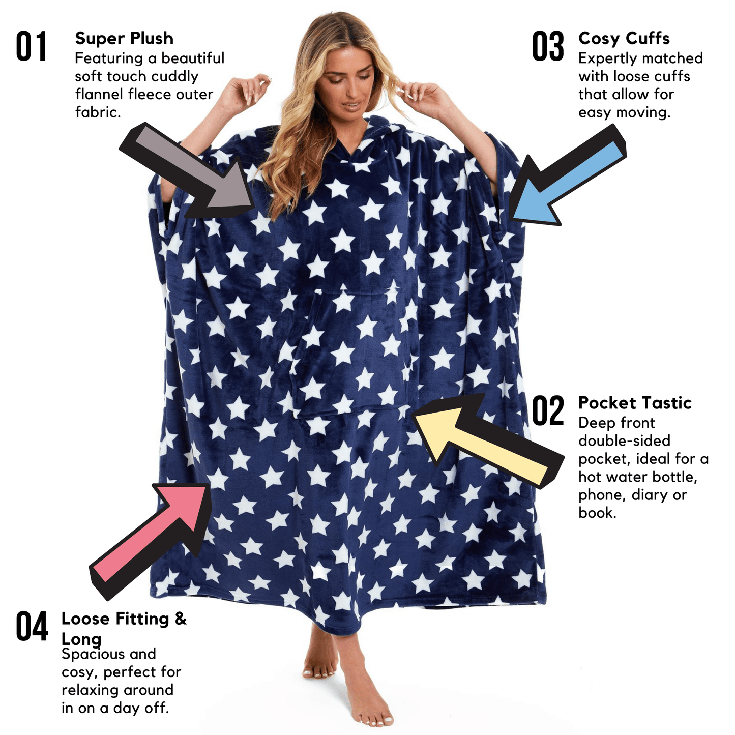 Oversized Hooded Fleece Poncho Blanket with Stars and Polka Dots Plush Wearable Blanket with Front Pocket for Adults Indoor Outdoor by Daisy Dreamer Hooded Blanket