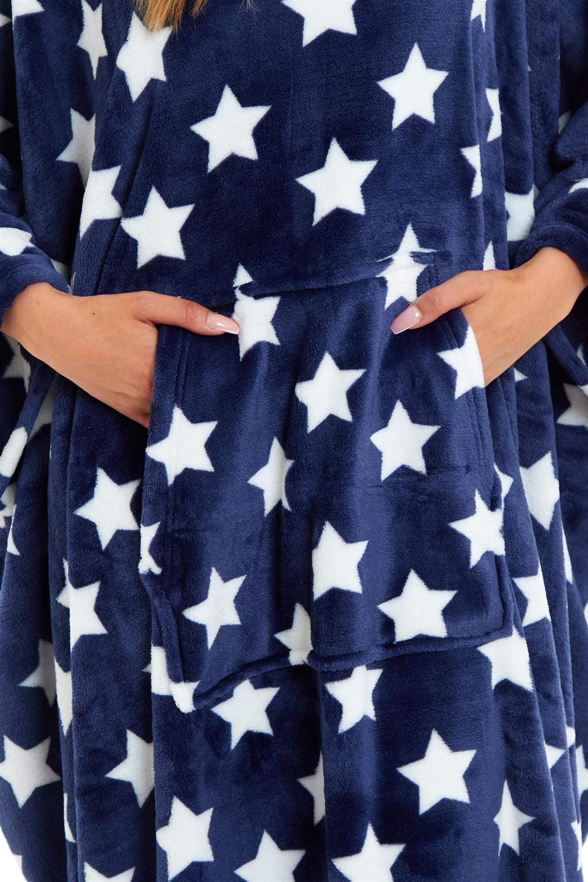 Oversized Hooded Fleece Poncho Blanket with Stars and Polka Dots Plush Wearable Blanket with Front Pocket for Adults Indoor Outdoor by Daisy Dreamer Hooded Blanket