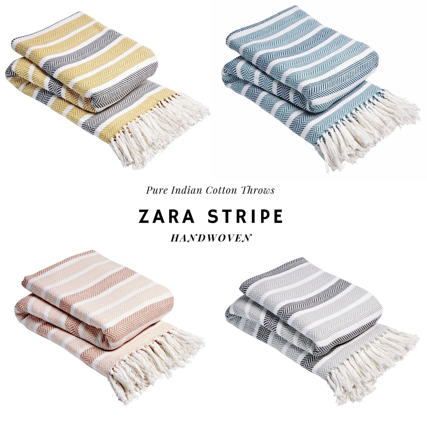 Stripe Handwoven Pure Cotton Throw Blanket with Tassells Eco-Friendly Perfect for Sofa Bed and Home Decor Available in Multiple Sizes and Calming Colours by OLIVIA ROCCO Throw