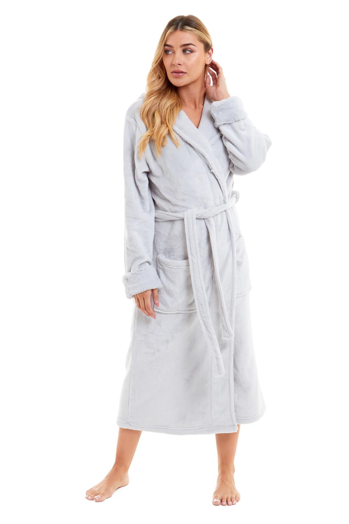 Super Soft Women's Faux Fur Hooded Bathrobe Plush Fleece Ultra-Absorbent Dressing Gown for Home Spa Gym Hotel in Pink or Grey Sizes S-XL by Daisy Dreamer Dressing Gown