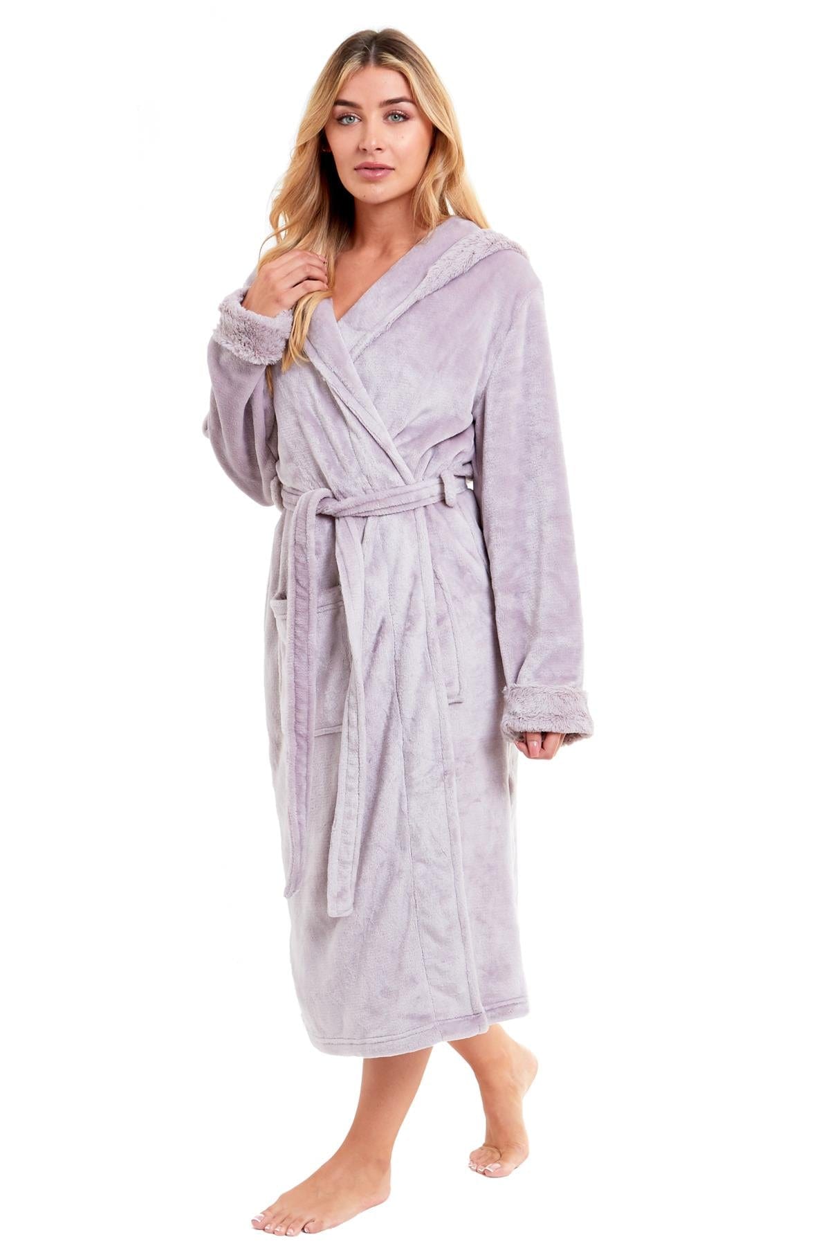 Super Soft Women's Faux Fur Hooded Bathrobe Plush Fleece Ultra-Absorbent Dressing Gown for Home Spa Gym Hotel in Pink or Grey Sizes S-XL by Daisy Dreamer Dressing Gown