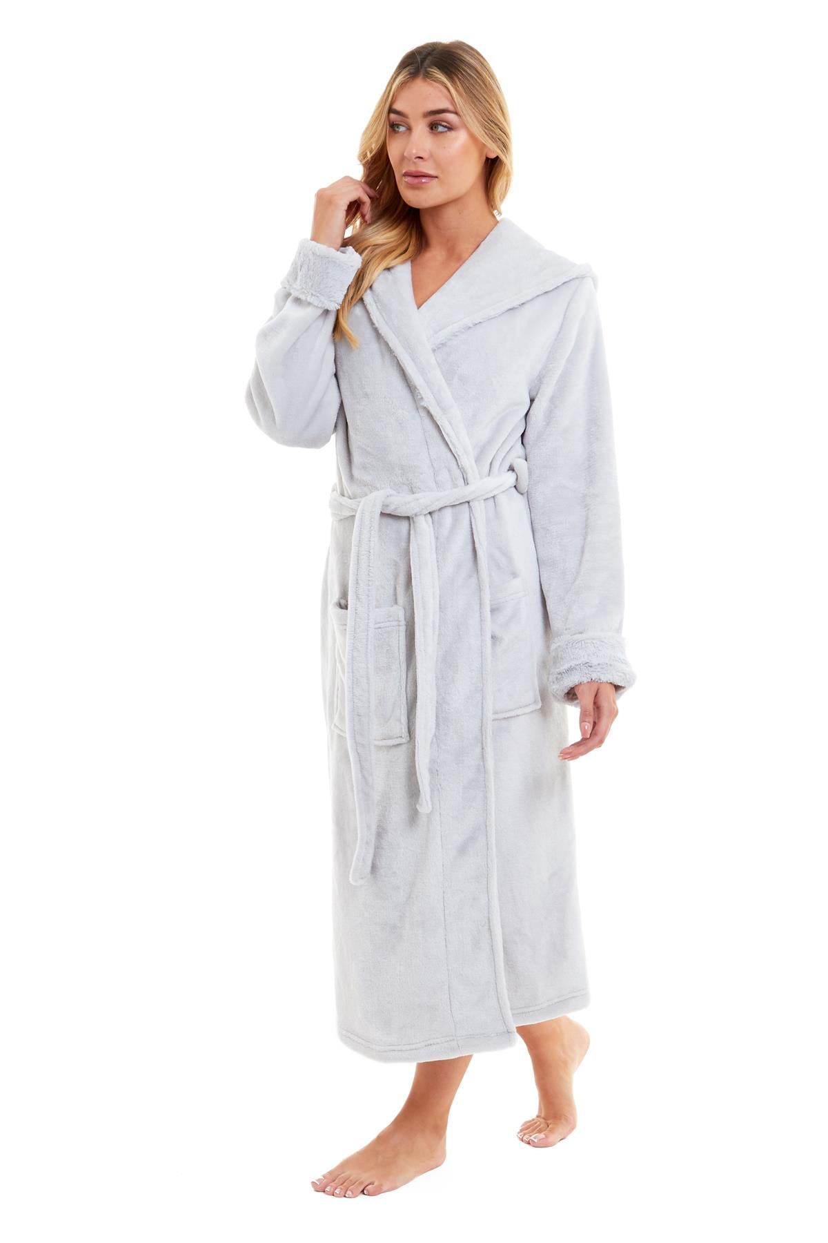 Super Soft Women's Faux Fur Hooded Bathrobe Plush Fleece Ultra-Absorbent Dressing Gown for Home Spa Gym Hotel in Pink or Grey Sizes S-XL by Daisy Dreamer Dressing Gown