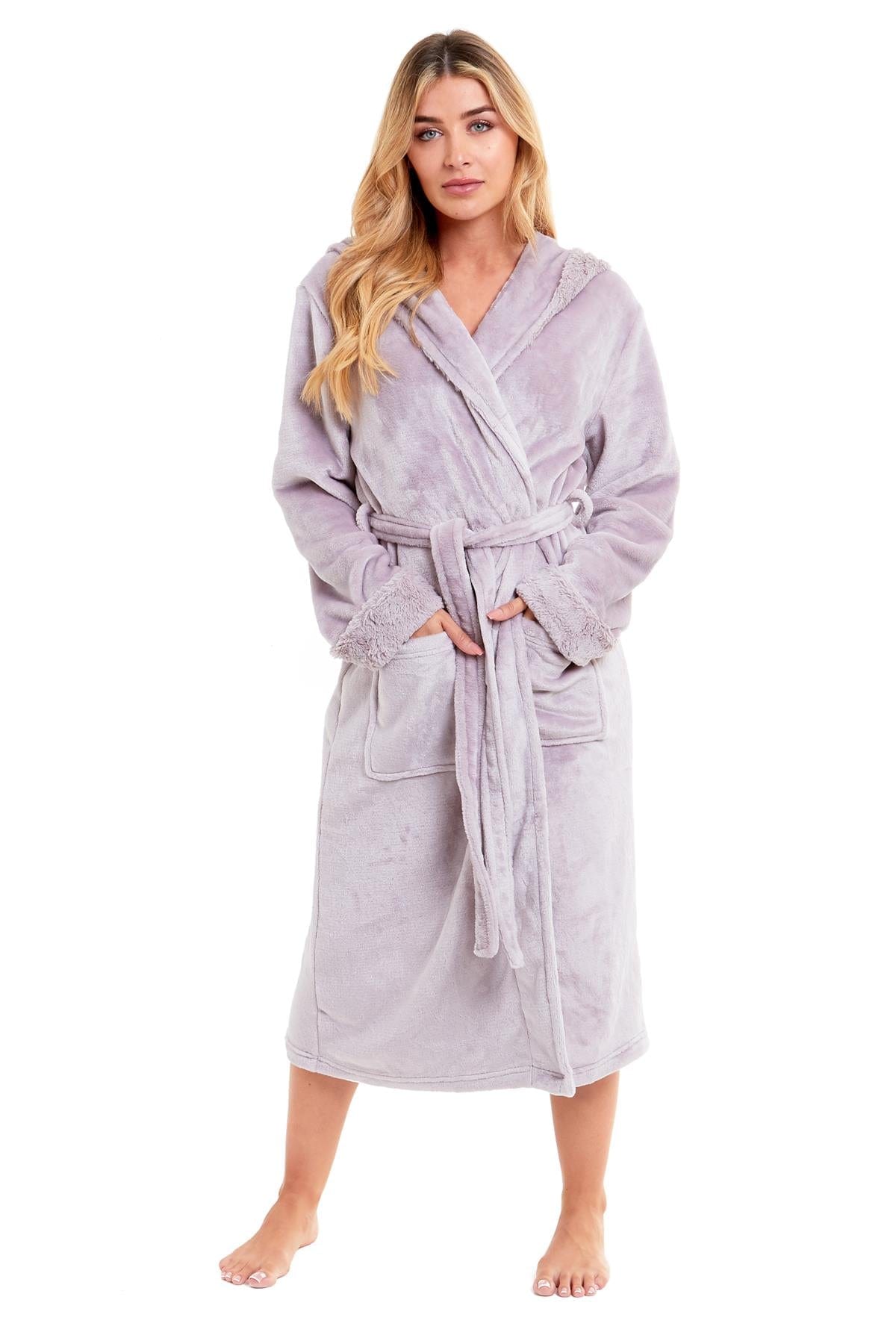 Super Soft Women's Faux Fur Hooded Bathrobe Plush Fleece Ultra-Absorbent Dressing Gown for Home Spa Gym Hotel in Pink or Grey Sizes S-XL by Daisy Dreamer Dressing Gown