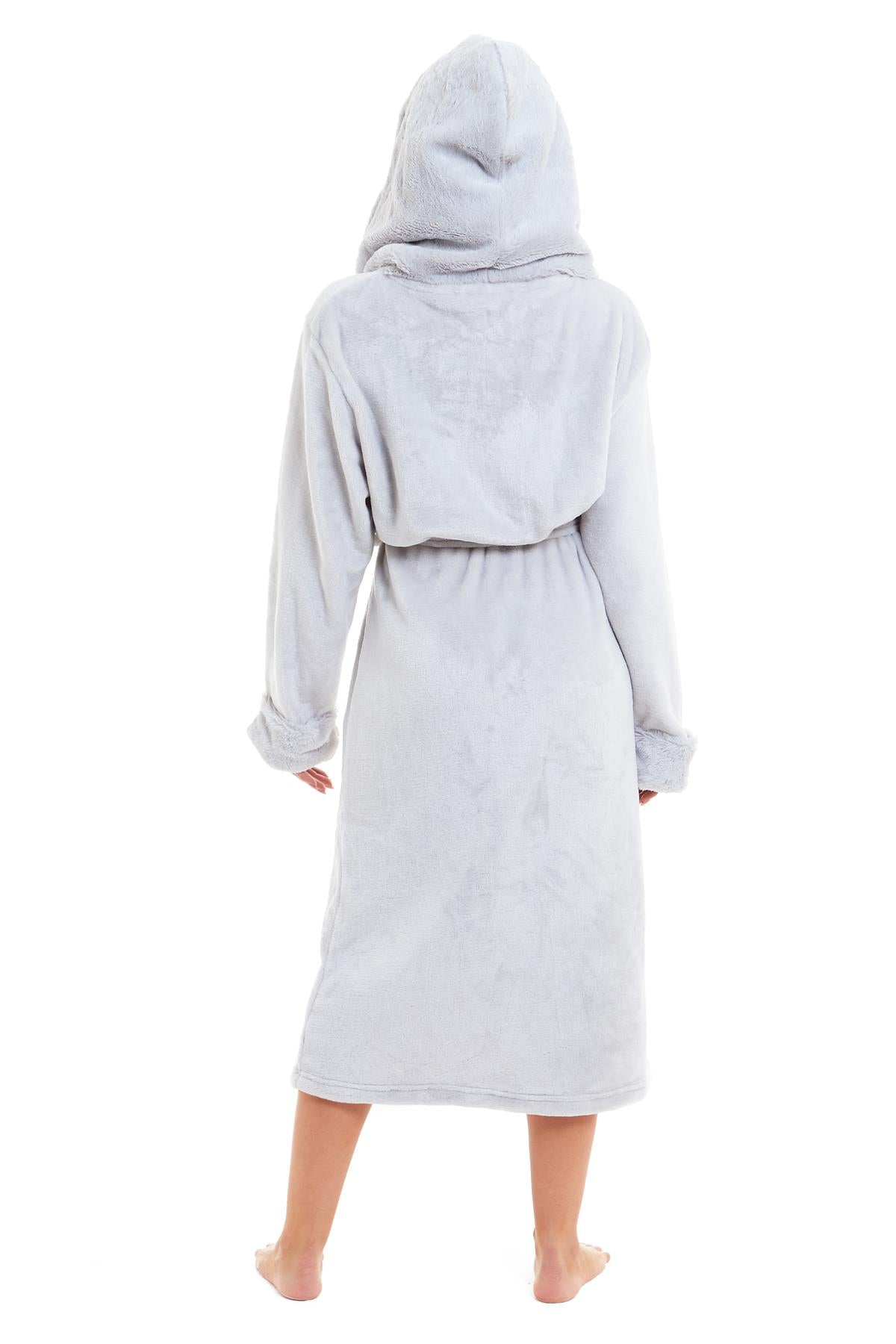 Super Soft Women's Faux Fur Hooded Bathrobe Plush Fleece Ultra-Absorbent Dressing Gown for Home Spa Gym Hotel in Pink or Grey Sizes S-XL by Daisy Dreamer Dressing Gown