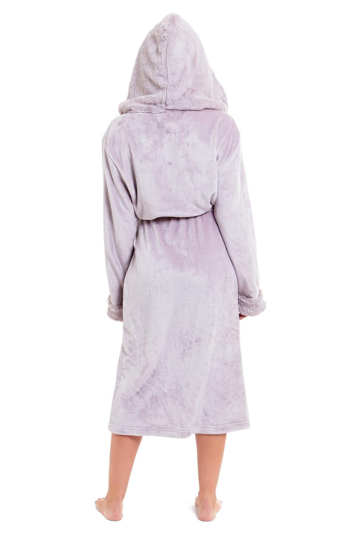 Super Soft Women's Faux Fur Hooded Bathrobe Plush Fleece Ultra-Absorbent Dressing Gown for Home Spa Gym Hotel in Pink or Grey Sizes S-XL by Daisy Dreamer Dressing Gown