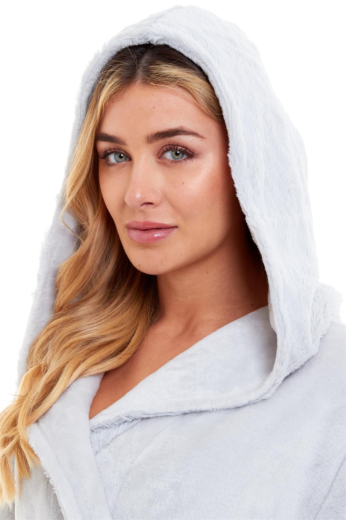 Super Soft Women's Faux Fur Hooded Bathrobe Plush Fleece Ultra-Absorbent Dressing Gown for Home Spa Gym Hotel in Pink or Grey Sizes S-XL by Daisy Dreamer Dressing Gown