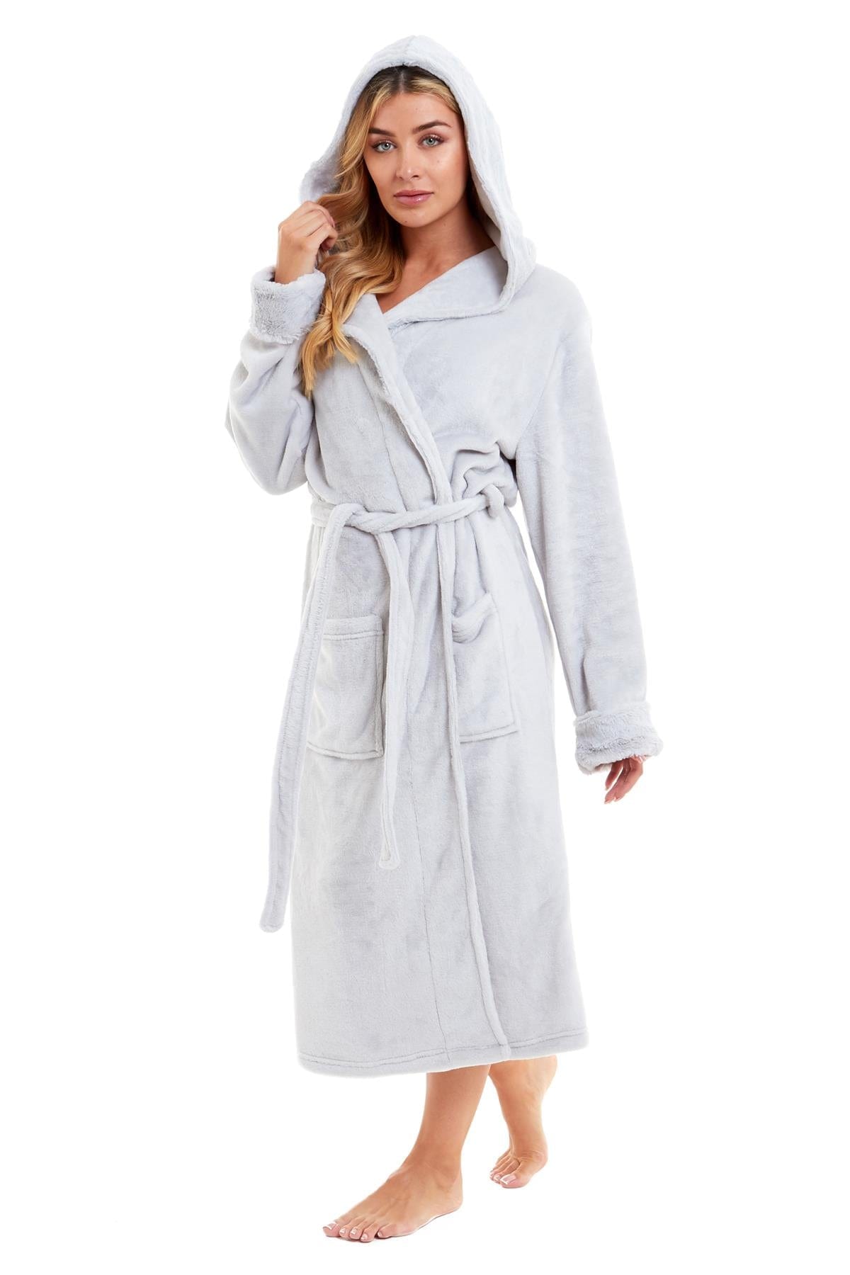 Super Soft Women's Faux Fur Hooded Bathrobe Plush Fleece Ultra-Absorbent Dressing Gown for Home Spa Gym Hotel in Pink or Grey Sizes S-XL by Daisy Dreamer Dressing Gown
