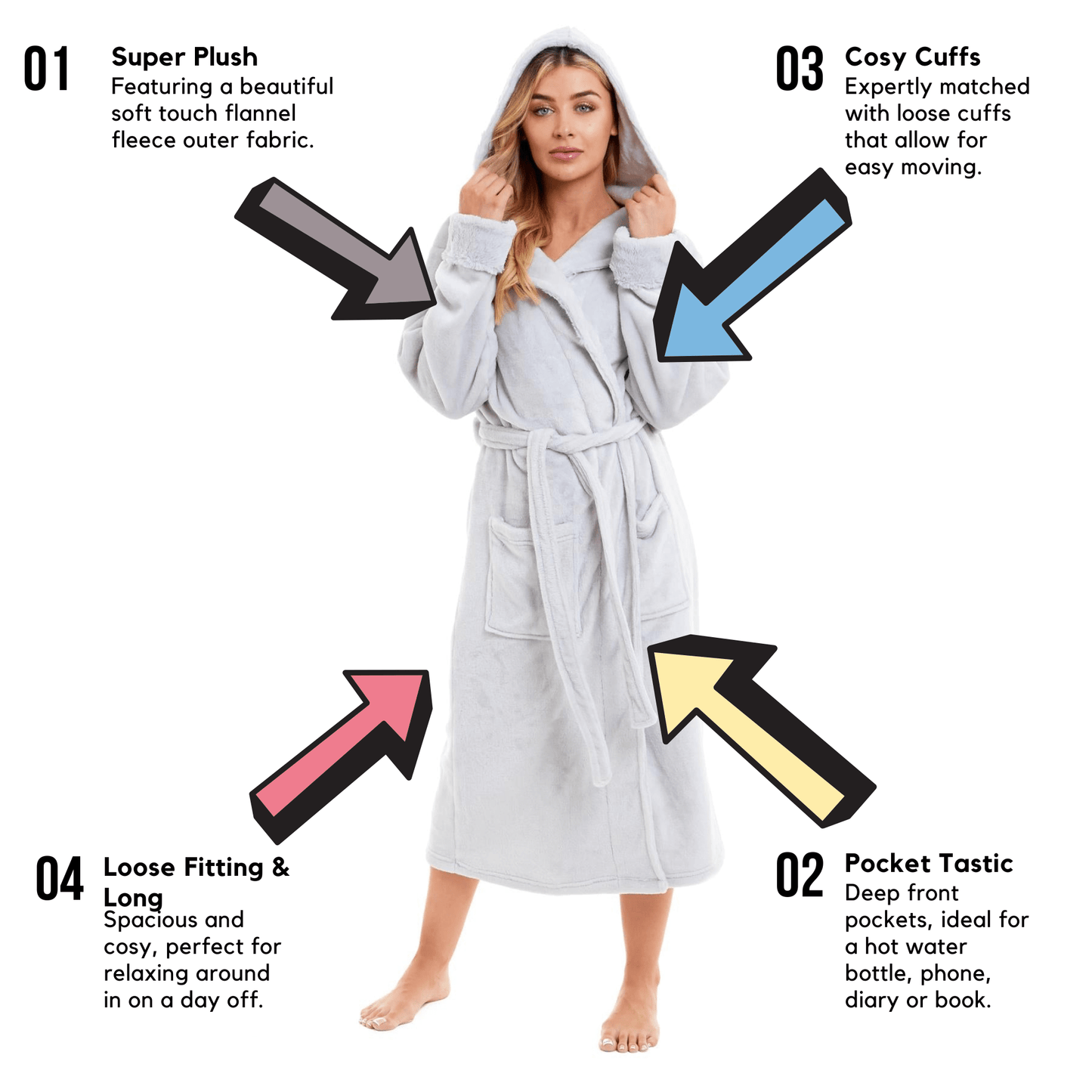 Super Soft Women's Faux Fur Hooded Bathrobe Plush Fleece Ultra-Absorbent Dressing Gown for Home Spa Gym Hotel in Pink or Grey Sizes S-XL by Daisy Dreamer Dressing Gown