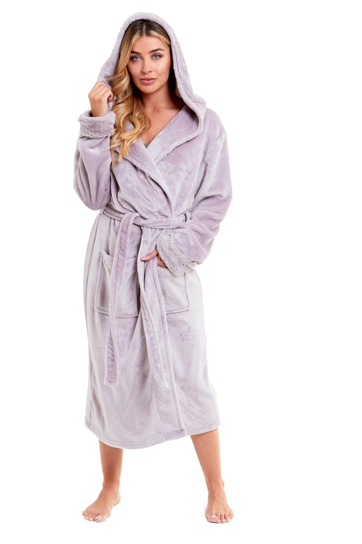 Super Soft Women's Faux Fur Hooded Bathrobe Plush Fleece Ultra-Absorbent Dressing Gown for Home Spa Gym Hotel in Pink or Grey Sizes S-XL by Daisy Dreamer PINK / S Dressing Gown