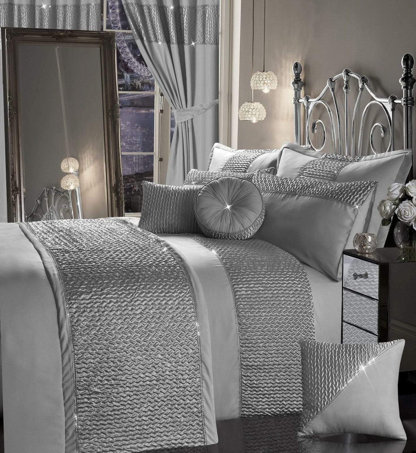 Zenia Luxurious Duvet Cover Set with Quilted Trim and Diamante Detailing Available in Single Double Kingb and Super King Sizes by OLIVIA ROCCO SILVER / SINGLE Duvet Cover