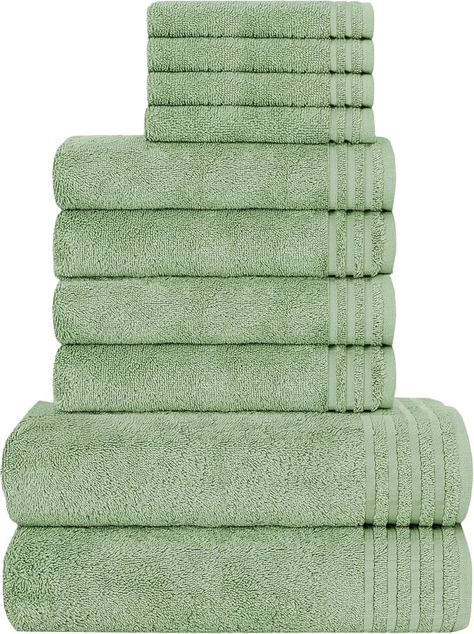 10 Piece Monaco Luxury Egyptian Cotton Towel Set 500 GSM with 4 Face Towels 4 Hand Towels 2 Bath Towels for Bathroom by OLIVIA ROCCO SAGE GREEN Towels