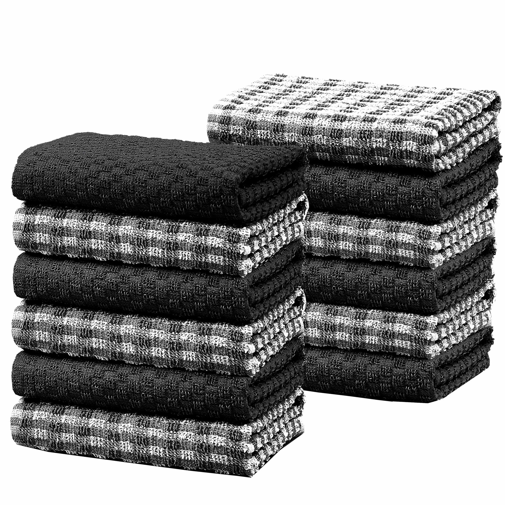 100% Cotton Ascot Check Terry Tea Towels for Kitchen Super Absorbent Dish Cloths Soft Durable by Olivia Rocco 12 Pack / Black Tea Towel