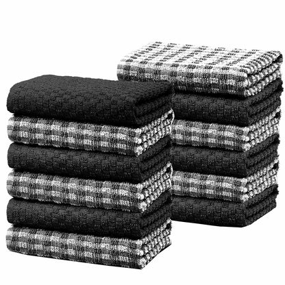 100% Cotton Ascot Check Terry Tea Towels for Kitchen Super Absorbent Dish Cloths Soft Durable by Olivia Rocco 12 Pack / Black Tea Towel