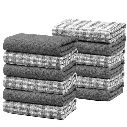 100% Cotton Ascot Check Terry Tea Towels for Kitchen Super Absorbent Dish Cloths Soft Durable by Olivia Rocco 12 Pack / Grey Tea Towel