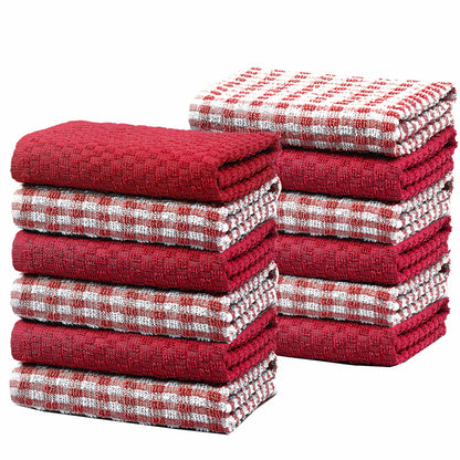 100% Cotton Ascot Check Terry Tea Towels for Kitchen Super Absorbent Dish Cloths Soft Durable by Olivia Rocco 12 Pack / Red Tea Towel