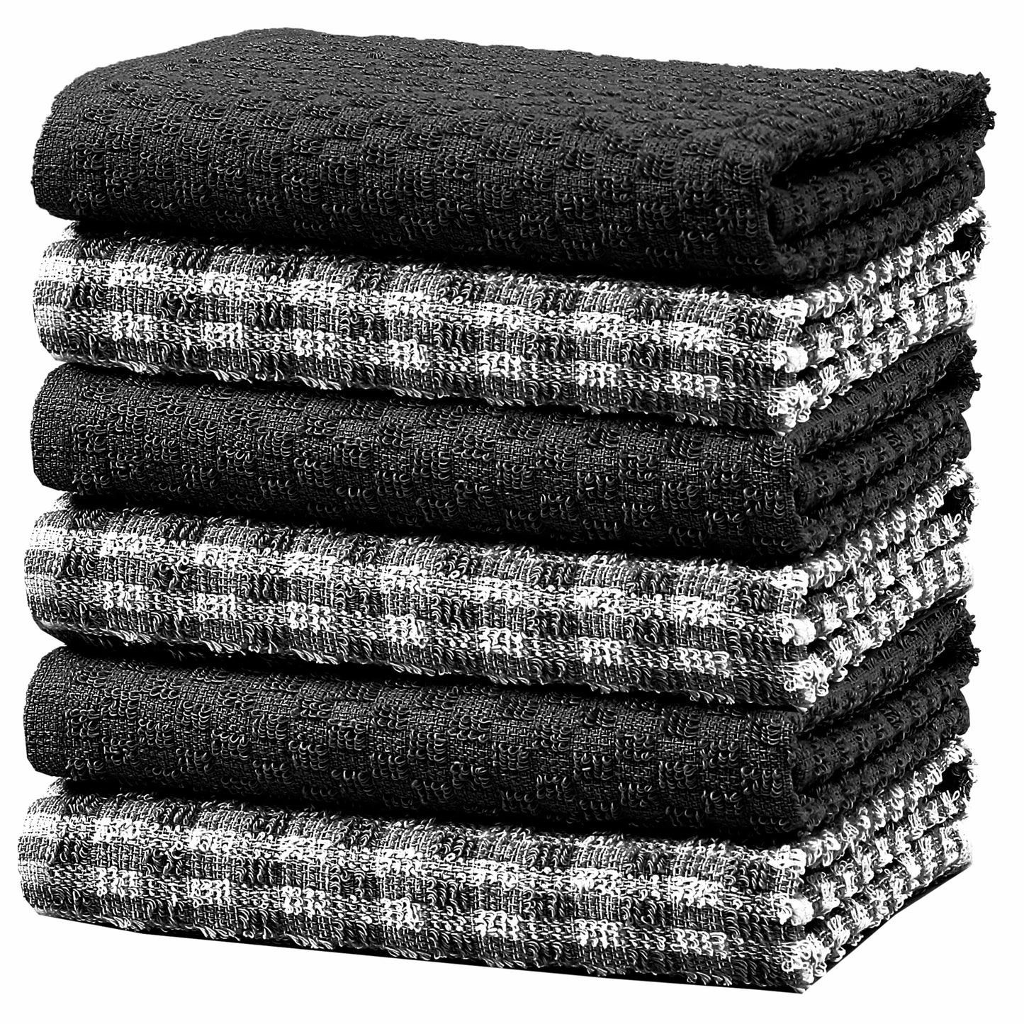 100% Cotton Ascot Check Terry Tea Towels for Kitchen Super Absorbent Dish Cloths Soft Durable by Olivia Rocco 6 Pack / Black Tea Towel