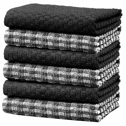 100% Cotton Ascot Check Terry Tea Towels for Kitchen Super Absorbent Dish Cloths Soft Durable by Olivia Rocco 6 Pack / Black Tea Towel