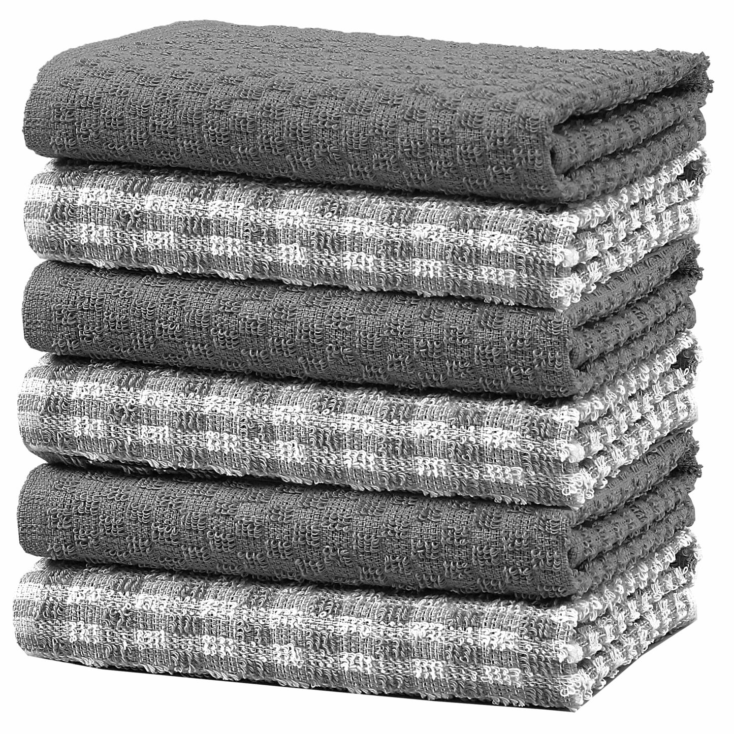100% Cotton Ascot Check Terry Tea Towels for Kitchen Super Absorbent Dish Cloths Soft Durable by Olivia Rocco 6 Pack / Grey Tea Towel