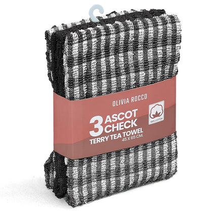 100% Cotton Ascot Check Terry Tea Towels for Kitchen Super Absorbent Dish Cloths Soft Durable by Olivia Rocco Tea Towel