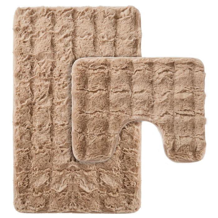 OLIVIA ROCCO 2-piece bath mat set with non-slip, super absorbent, quick-dry plush fabric, displayed on bathroom floor.