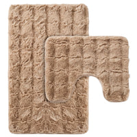 OLIVIA ROCCO 2-piece bath mat set with non-slip, super absorbent, quick-dry plush fabric, displayed on bathroom floor.