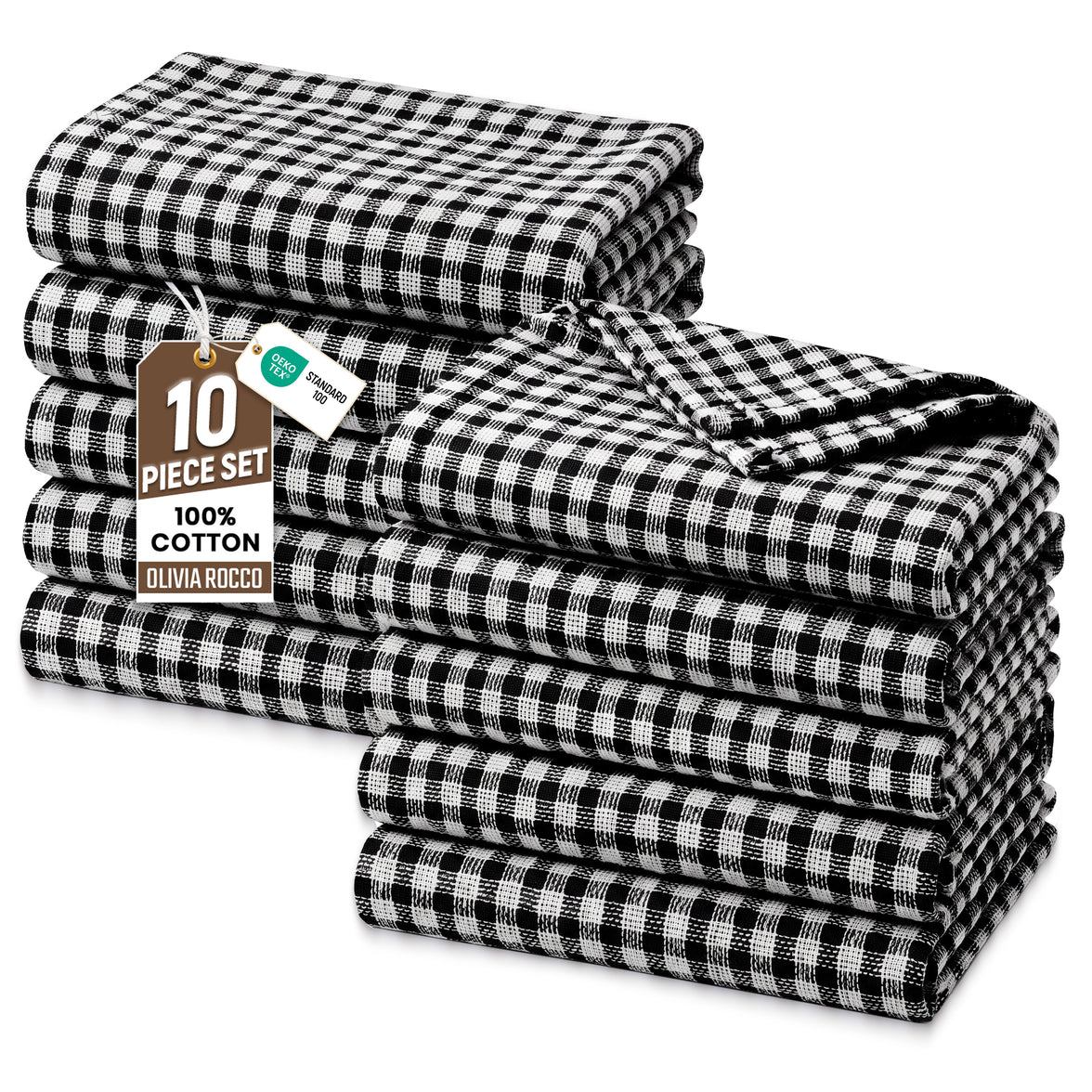 OLIVIA ROCCO Wonderdry tea towels pack of 10, 100% cotton, super absorbent, quick-drying kitchen tea towels displayed in a set.