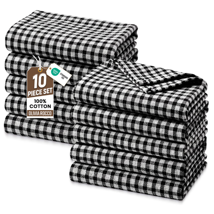 OLIVIA ROCCO Wonderdry tea towels pack of 10, 100% cotton, super absorbent, quick-drying kitchen tea towels displayed in a set.