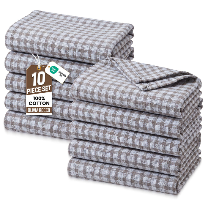 OLIVIA ROCCO Wonderdry tea towels pack of 10, 100% cotton, super absorbent, quick drying kitchen towels displayed in a set