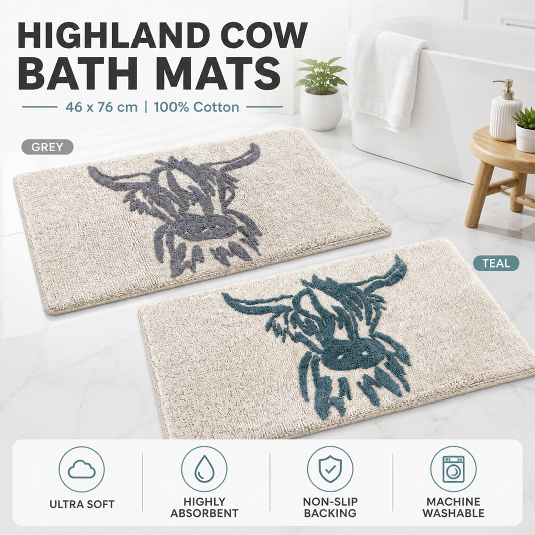 CHAMONIX Highland Cow Bath Mat 100% Cotton Soft Absorbent Non Slip Bathroom Rug 46 x 76 cm
