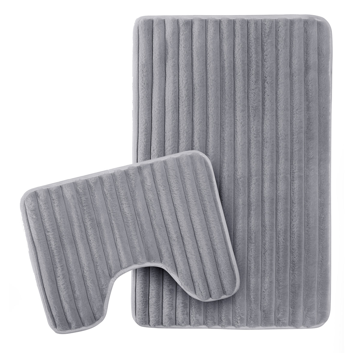 OLIVIA ROCCO 2-piece ribbed charcoal bath mat set with extra soft, non-slip, super absorbent bath mats on a bathroom floor.