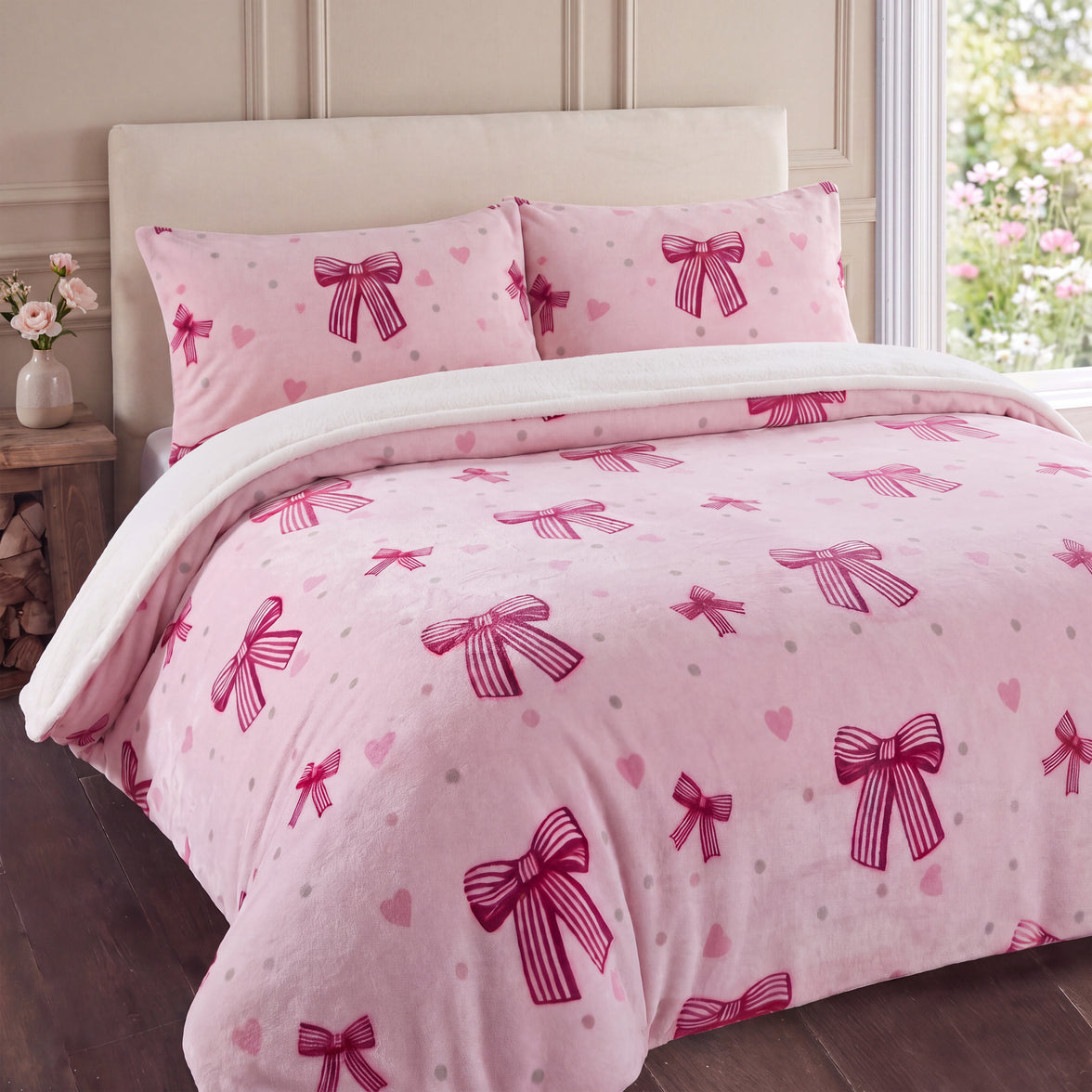 OLIVIA ROCCO Pink Bows Teddy Fleece Duvet Cover Set Soft Cosy Warm Bedding with Pillowcases Single Double King