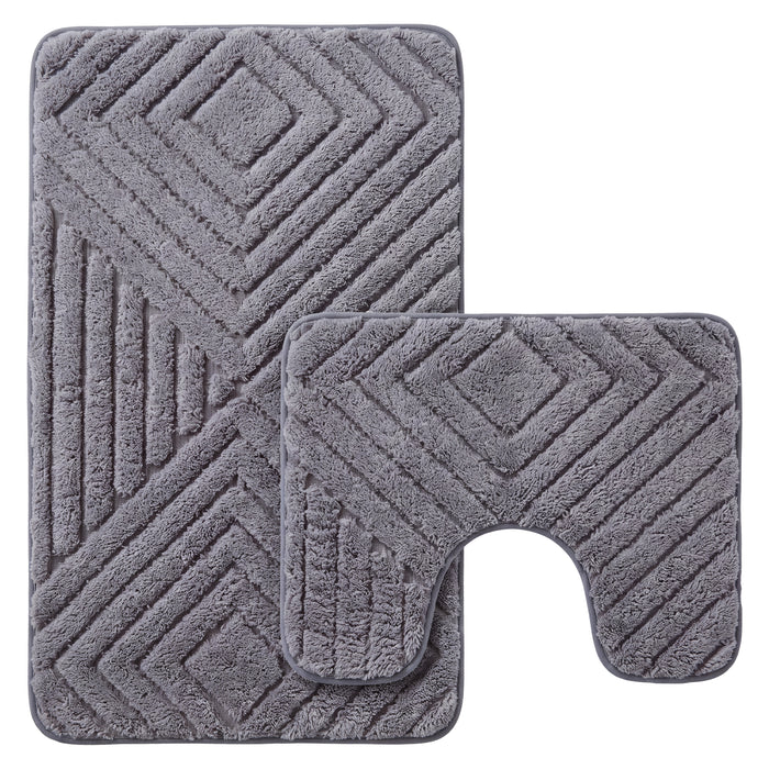 OLIVIA ROCCO diamond memory foam bathroom bath mat set with non-slip backing, two-piece soft and absorbent for comfort and safety.