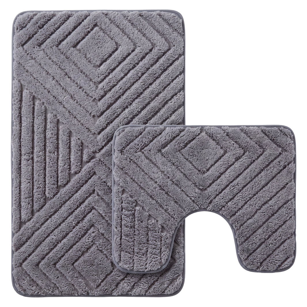 OLIVIA ROCCO diamond memory foam bathroom bath mat set with non-slip backing, two-piece soft and absorbent for comfort and safety.