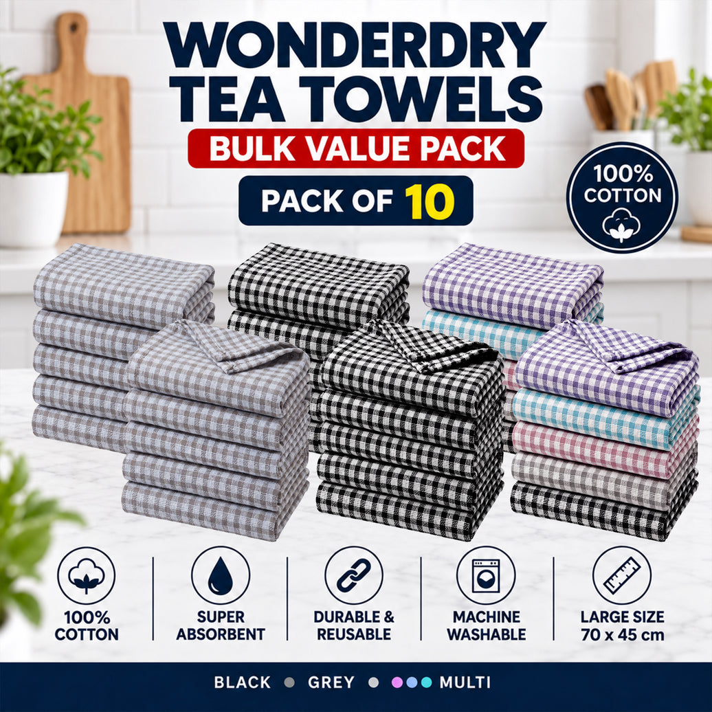 OLIVIA ROCCO Wonderdry tea towels pack of 10, 100% cotton, super absorbent, quick-drying kitchen towels displayed flat.