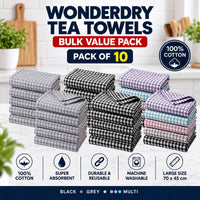 OLIVIA ROCCO Wonderdry tea towels pack of 10, 100% cotton, super absorbent, quick-drying kitchen towels displayed flat.