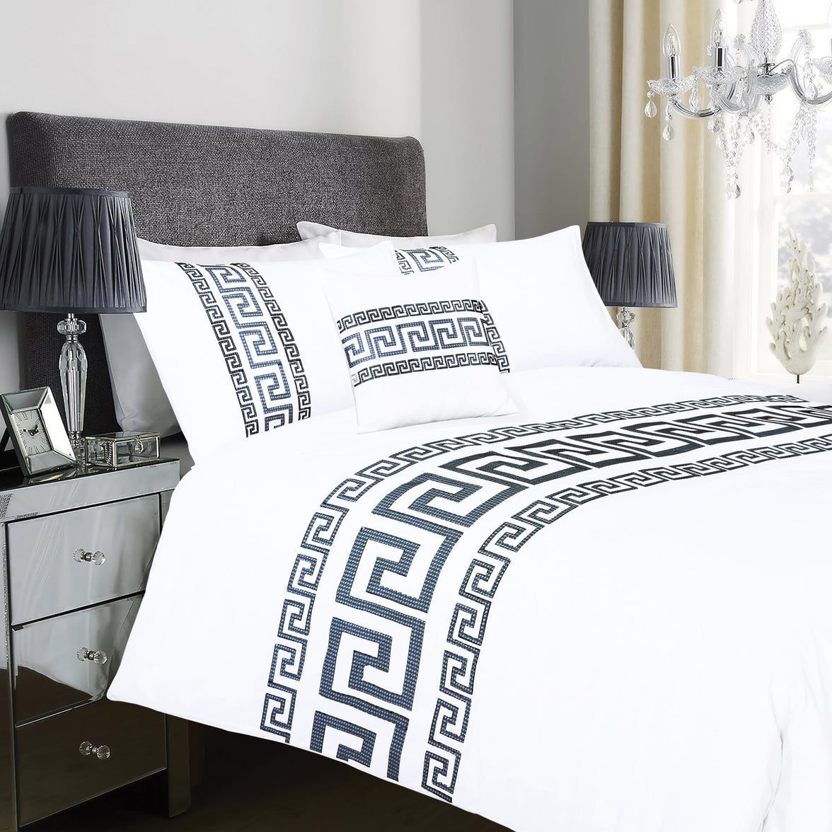 OLIVIA ROCCO Ravenna Greek Key Embroidered Duvet Cover Set Cotton Rich with Pillowcases