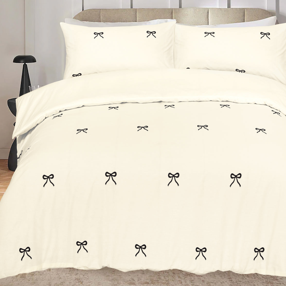 OLIVIA ROCCO Bows Embroidered Duvet Cover Set Cotton Rich With Pillowcases Easy Care